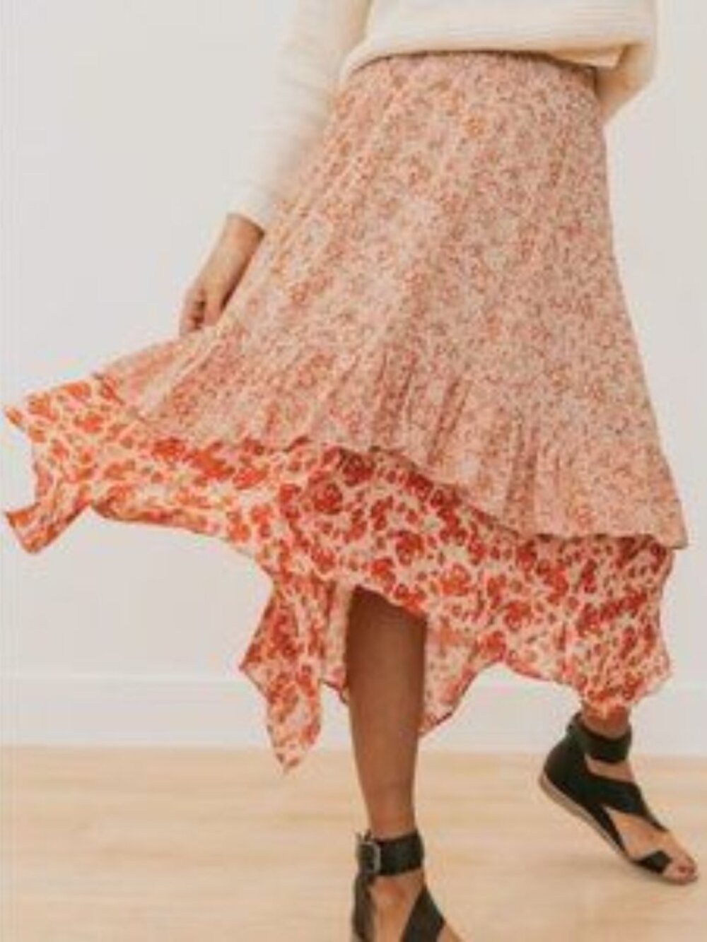 Free People Sz 0 Zuma Red Floral Cottagecore Asymmetric Boho Midi Skirt